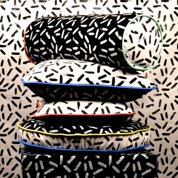 Pillows featuring a Sottsass-inspired print