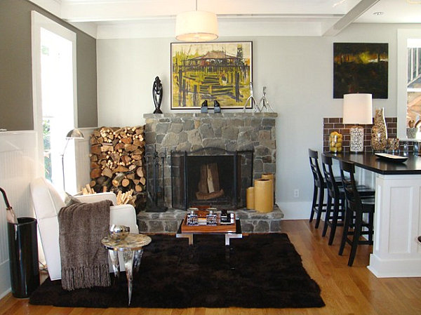 Plush rug by a kitchen-side seating area