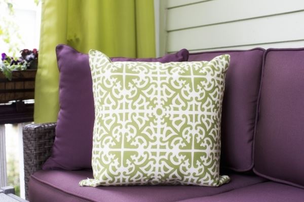 Purple and lime green color scheme on a front porch