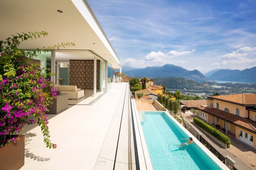 Refreshing outdoor patio with view of the alps