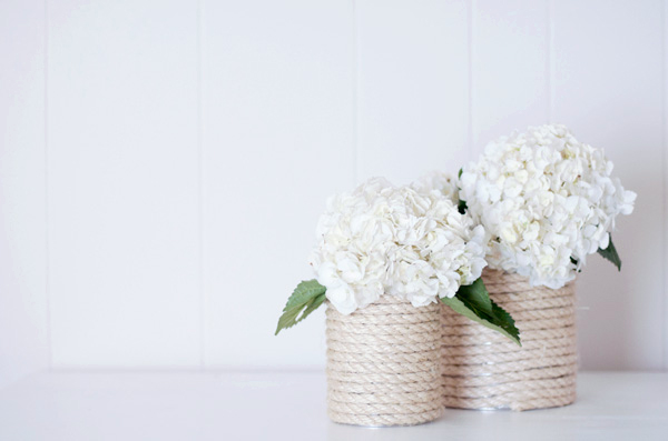 Rope wrapped vases made from tin cans