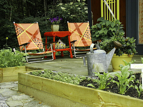 Seating area outside of a garden shed