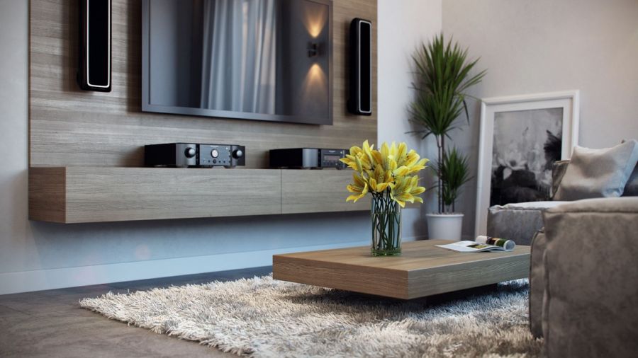 Sleek wooden coffee table in the living room