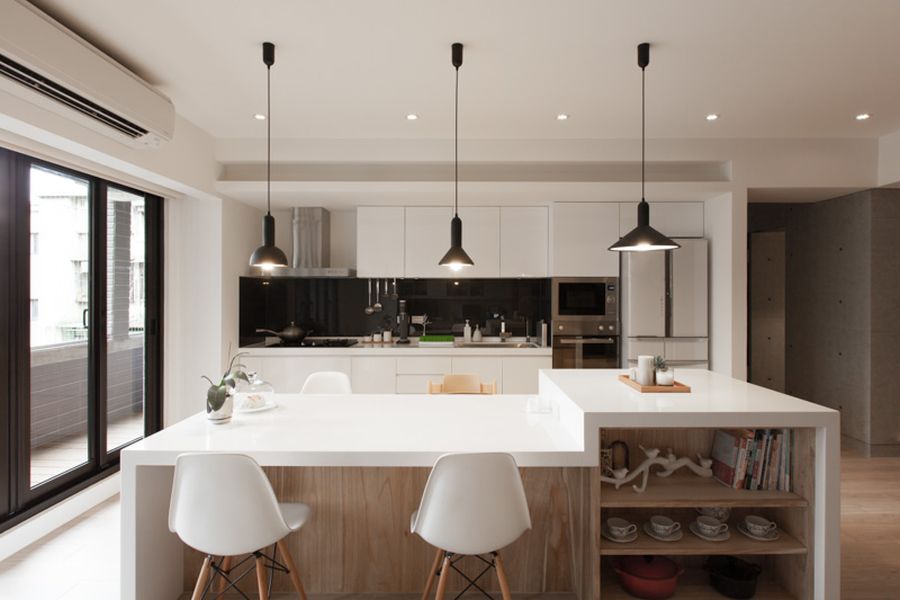 Smart kitchen island in wood with a white countertop