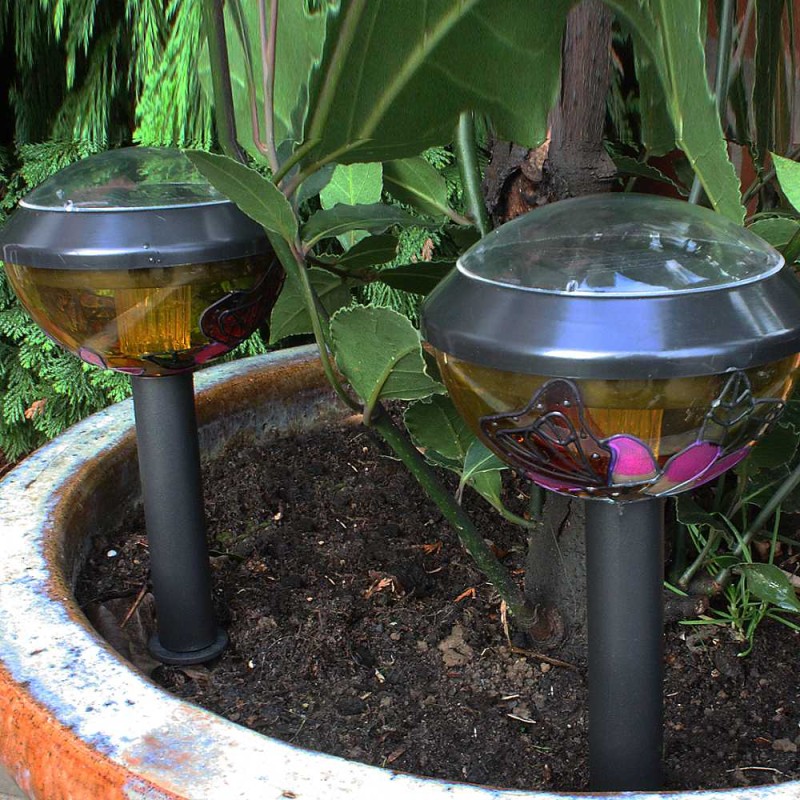 Solar Powered Stained Glass Effect Garden Light Pair