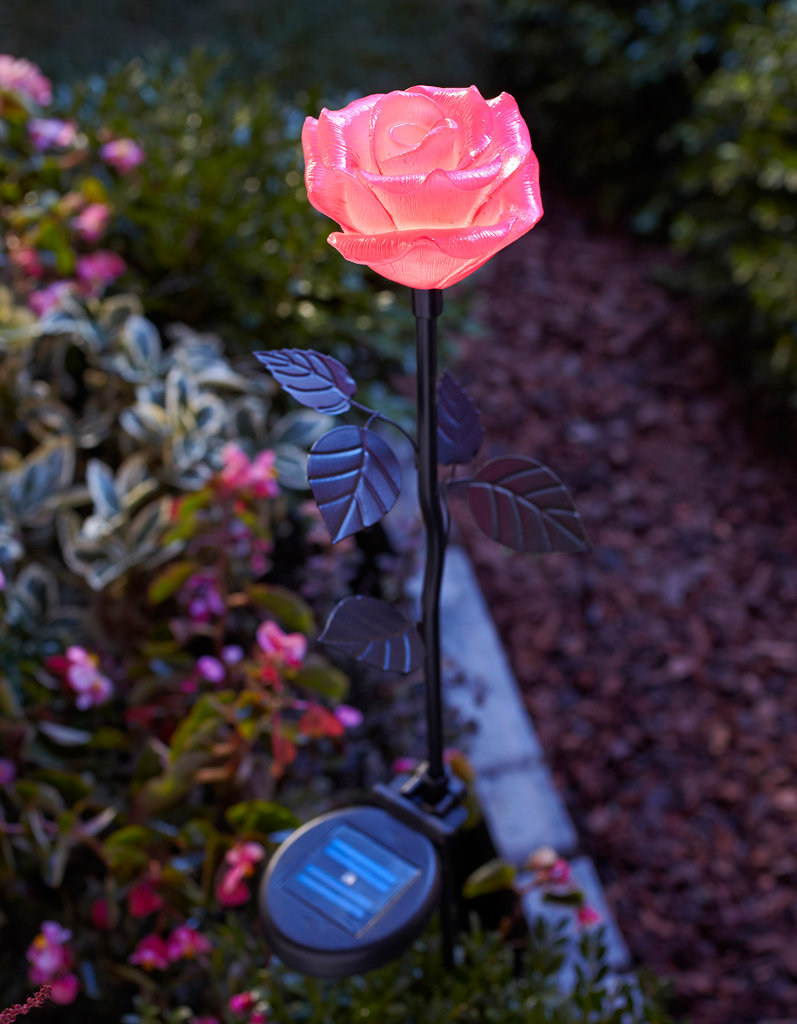 Solar powered pink rose stake light