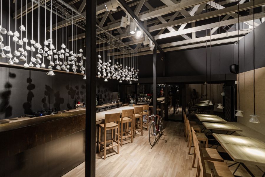 Spotlights create interesting ambiance in the Origo Coffee Shop