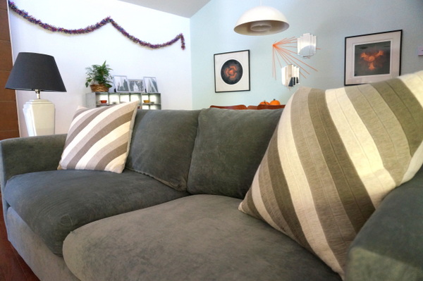 Throw pillows add style to a couch in a solid hue