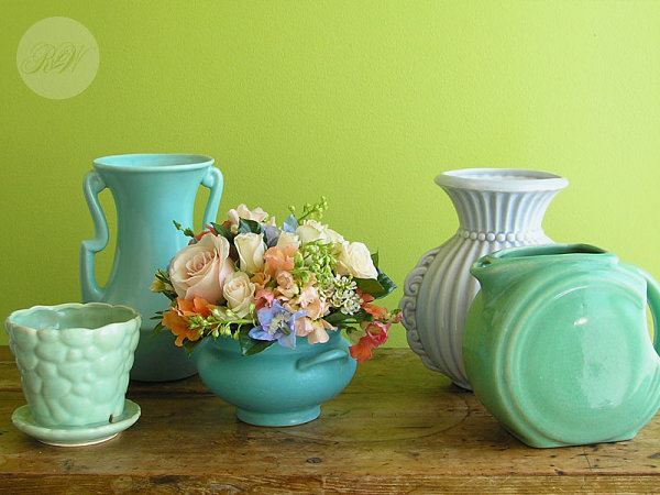 Vintage pottery in blues and greens