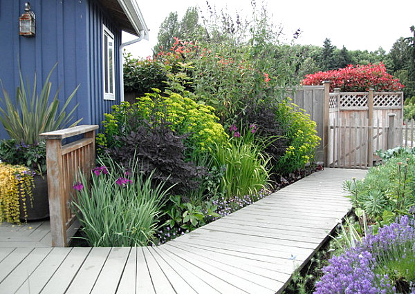 Wooden deck outside of a garden shed