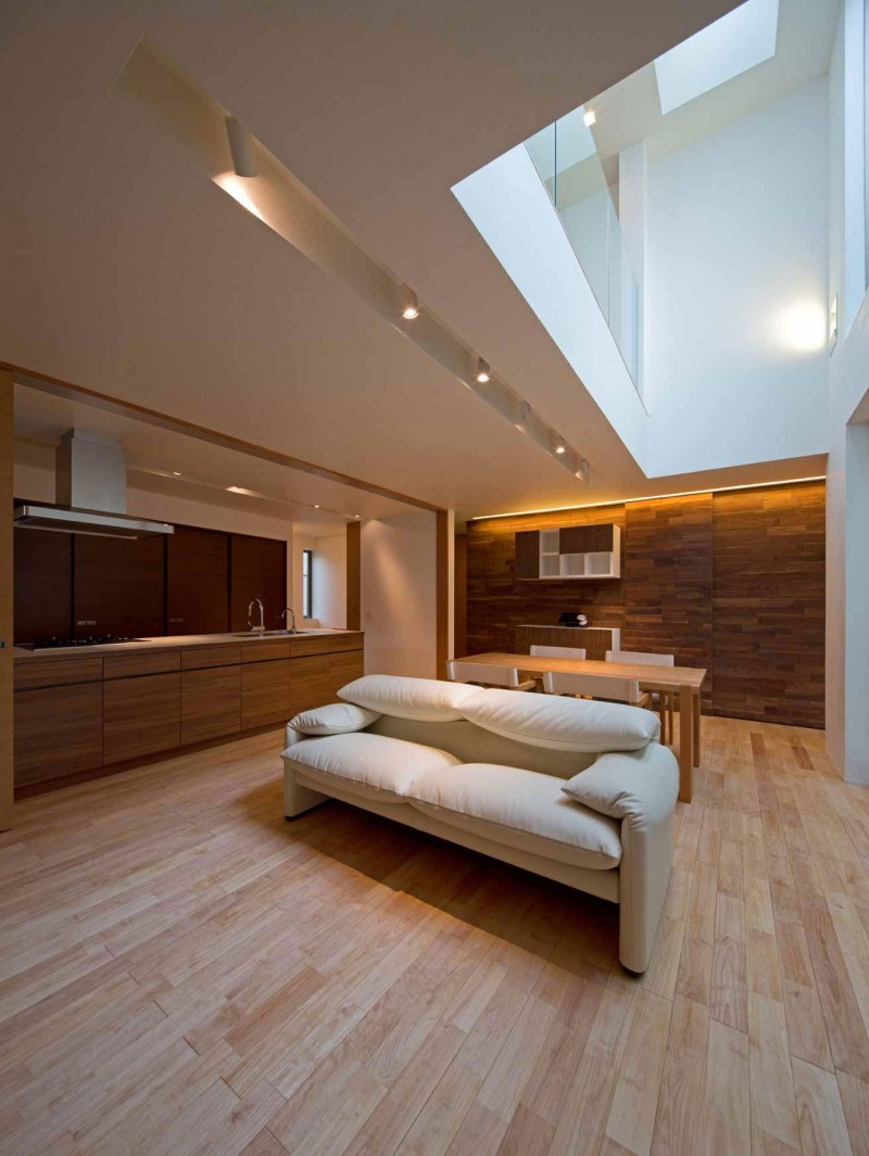 Wooden flooring and walls inside Fukuoka House, Japan