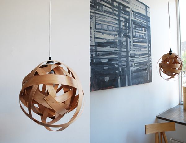 Woven wood veneer pendant lamp