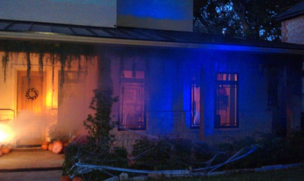 dark blue Halloween lighting and fog with bright entrance