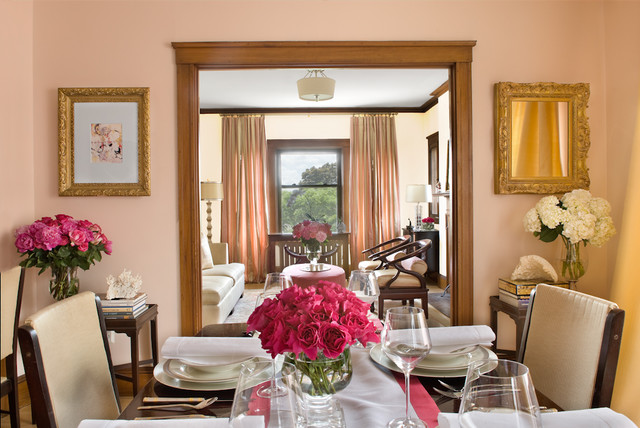 dining room with big mirror