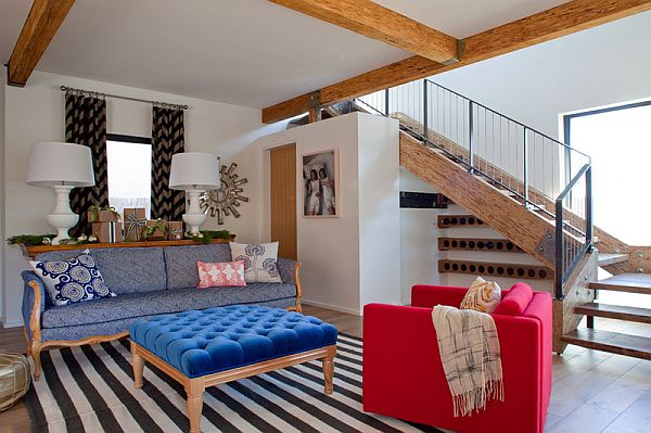 eclectic living room with exposed beams