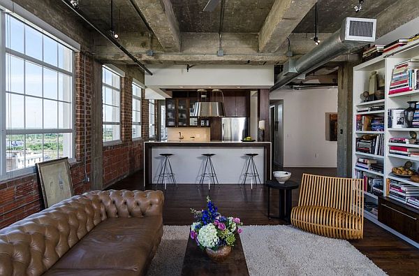 industrial living room with exposed wooden beams