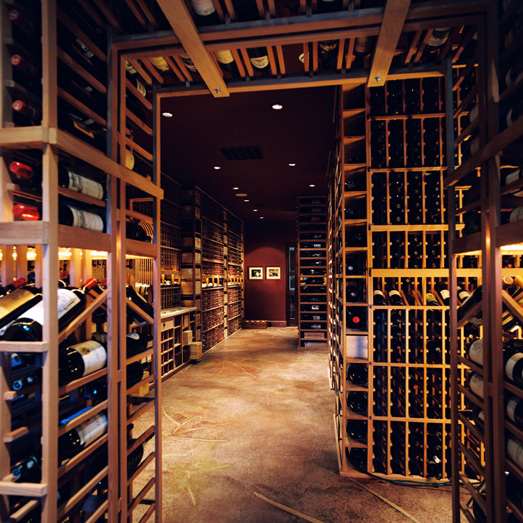 large wine cellar in Yontville California with unusual designs in polished concrete floor