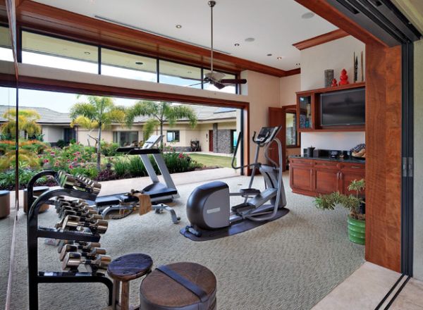 Airy gym that opens into the courtyard