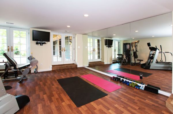 An old two car garage turned into spacious home gym