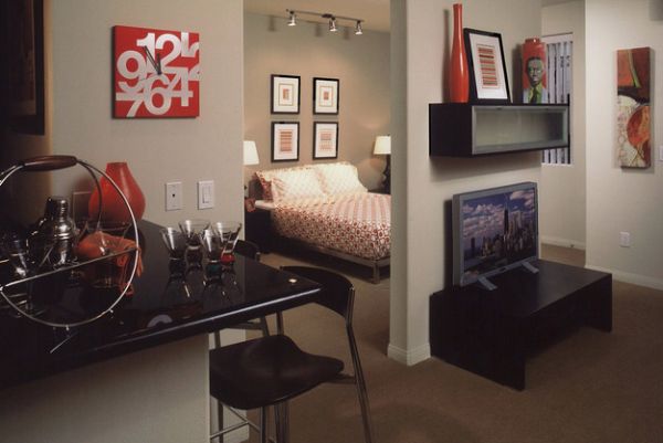 An open floor bachelor pad with the bedroom tucked behind a wall separator