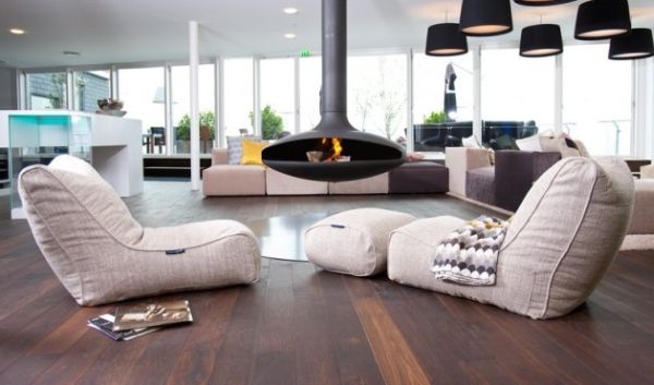 An orb fireplace and bean bag recliner chairs seem like an ideal fit for the bachelor pad