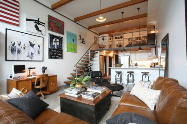 Bachelor pad loft with a very masculine color scheme and decor