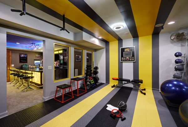 Basement home gym and bar with colorful stripes