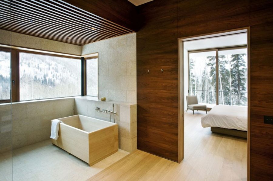 Bathroom with wooden walls and glass shower enclosure