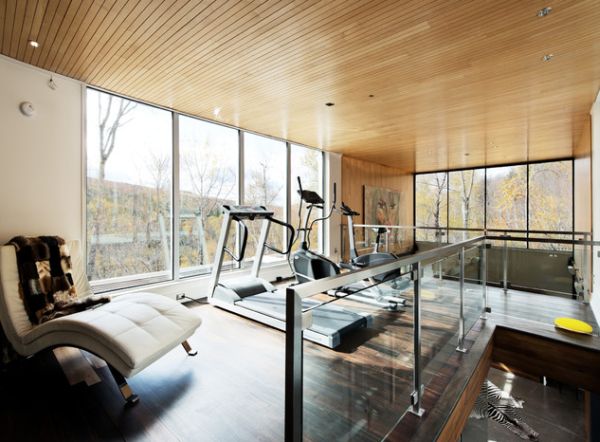 Beautiful wooden ceiling and the fabulous view outside add to the appeal of this home gym