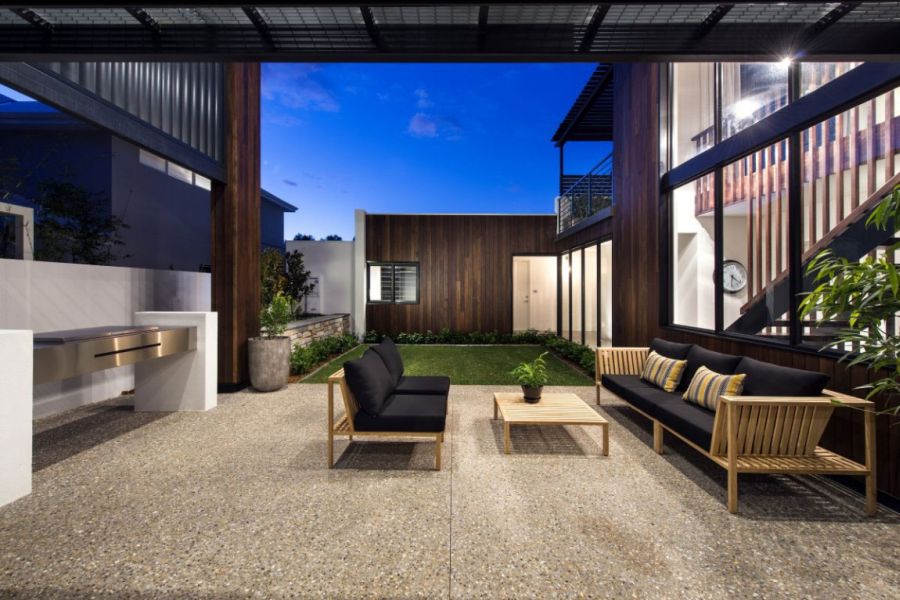 Beuatifully lit courtyard at dusk