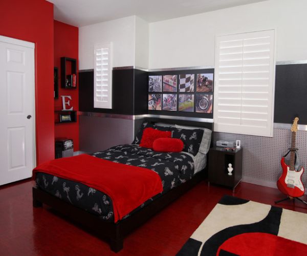 Black and red teen bedroom with an industrial edgy style!