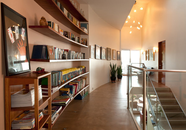 Bookshelves in a modern hallway