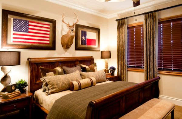 Cabin-styled bedroom with a large sleigh bed