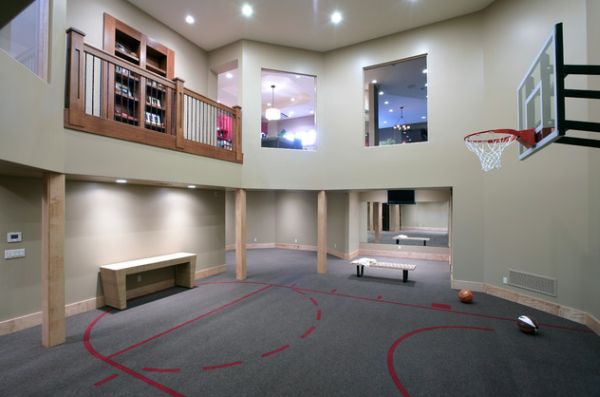 Carpeted indoor basketball court makes for an impressive home gym