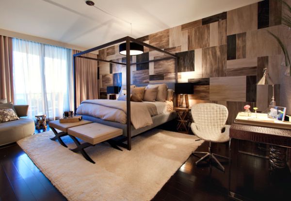 Cheesy bachelor pad bedroom with rich textures and a warm ambiance