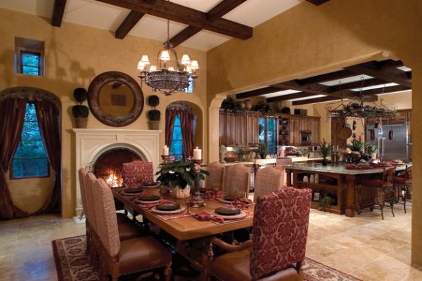 Classic dining room with fireplace and a hint of Mediterranean charm