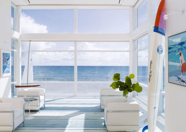 Coastal themed living room with generous ocean views