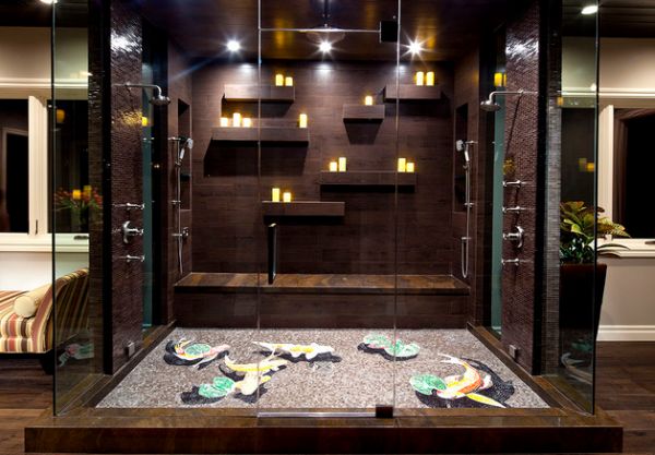 Colorful koi mosaic floor and the candles create a truly stunning steam shower