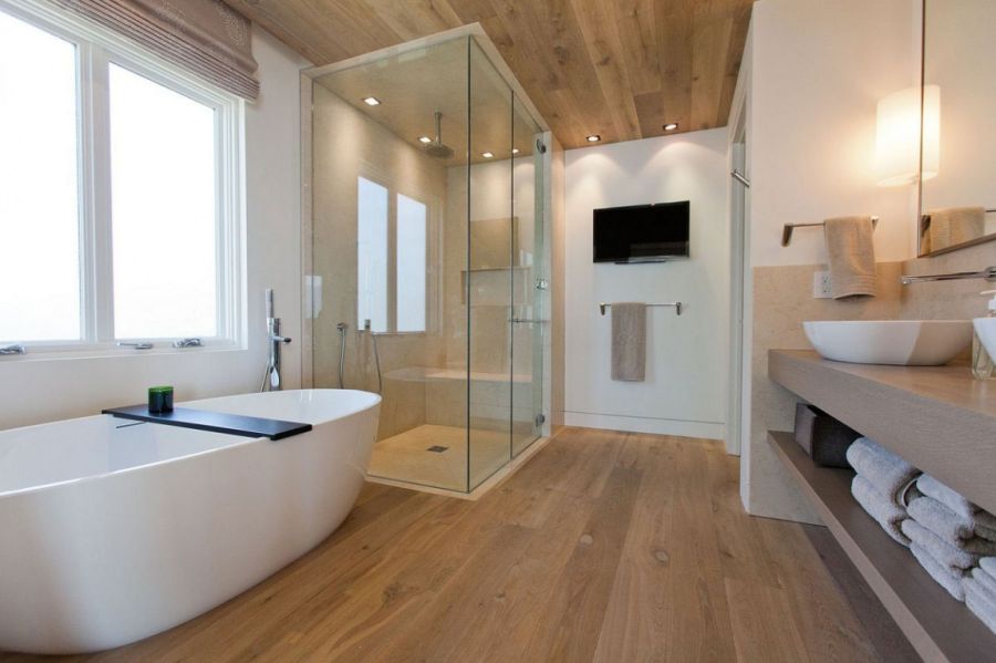 Contemporary bathroom wit glass shower area