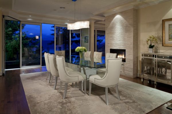 Contemporary dining room with fireplace idea