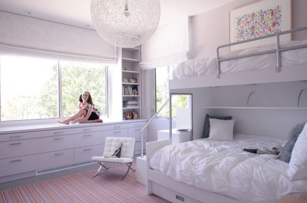 Contemporary girls' bedroom in white with plush bunk beds