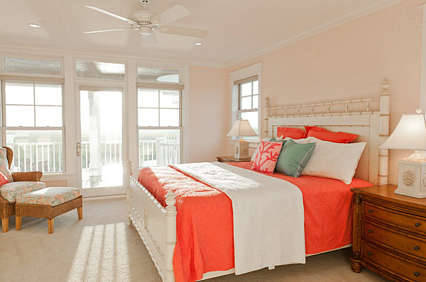 Coral bedding in a beachy bedroom