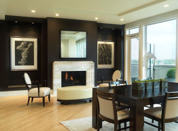 Dining room with a seating nook next to the fireplace