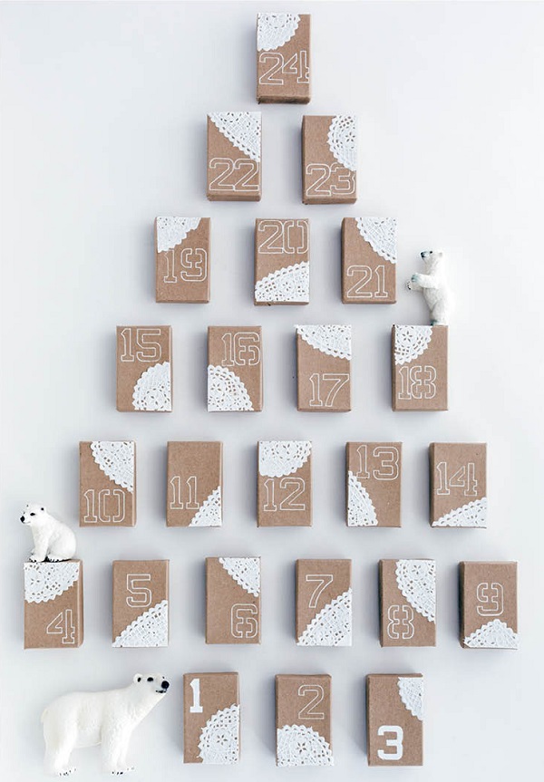 Doily accented advent calendar boxes