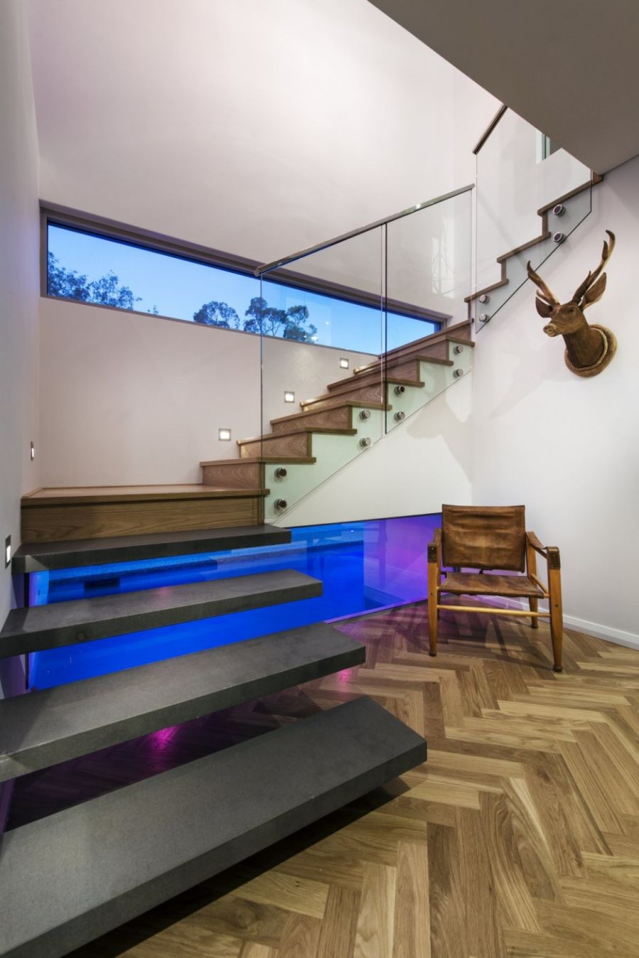Floating staircase with glass railing