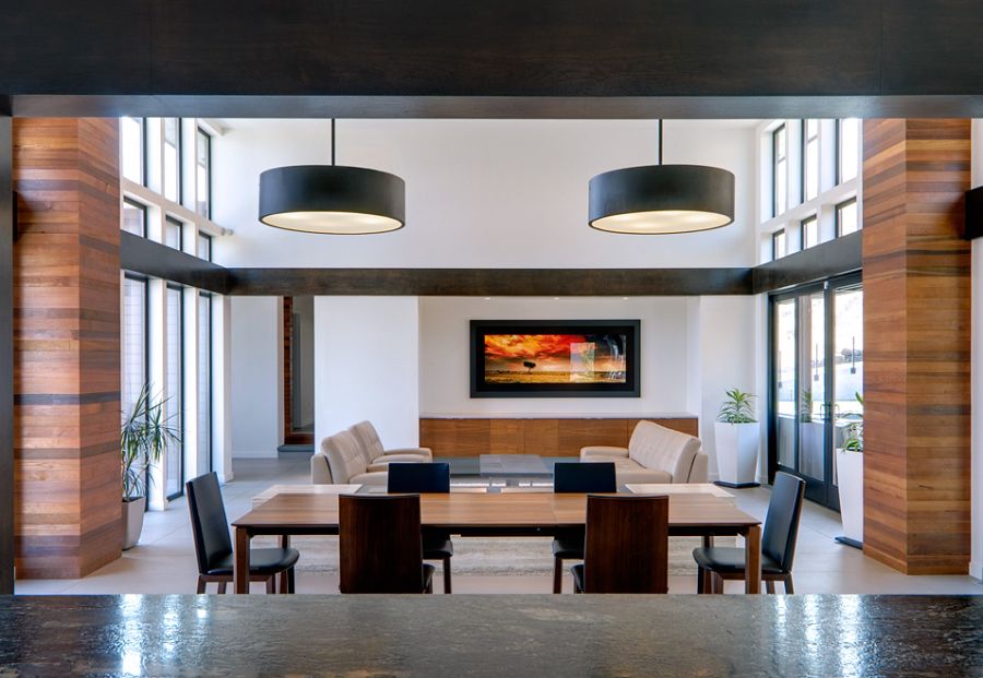 Interior with large black drum pendants