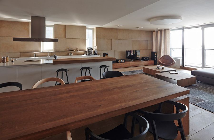 Large dining area with a wooden table