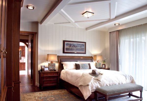 Leather custom-made sleigh bed blends in with the rustic theme