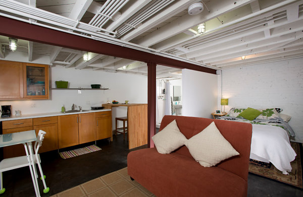 Living area in a basement apartment