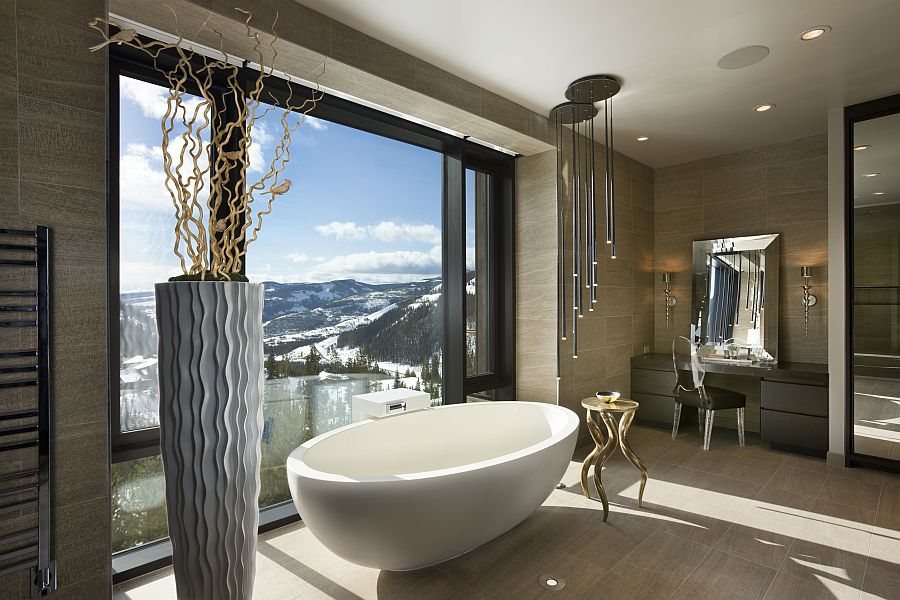 Master bathroom with a view of Snow-capped mountains